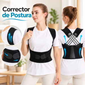 Corrector de postura ajustable con soporte para hombros y espalda. Diseño cómodo con banda de cintura ajustable. Disponible por mayoreo.