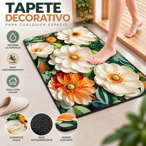 Tapete decorativo con atractivo diseño floral, ideal para complementar entradas y diferentes espacios del hogar. Disponible por mayoreo. Tapete decorativo con atractivo diseño floral, ideal para complementar entradas y diferentes espacios del hogar. Disponible por mayoreo.