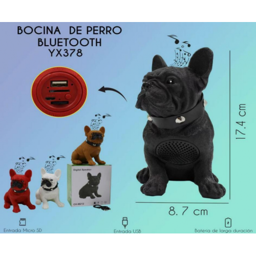 Bocina Bluetooth con diseño de perro bulldog francés, sonido potente, entradas USB y micro SD, batería recargable y portátil para interior o exterior, Mayoreo YX378