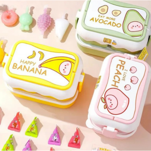 Lonchera Infantil de Doble Nivel con Diseño de Frutas, Hermética y Apilable para Escuela o Picnic, Mayoreo APTD-119