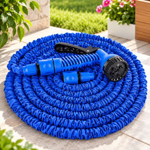 Manguera expandible y flexible con pistola rociadora y conectores. Ideal para riego de jardín, patio y tareas de limpieza. Venta por mayoreo