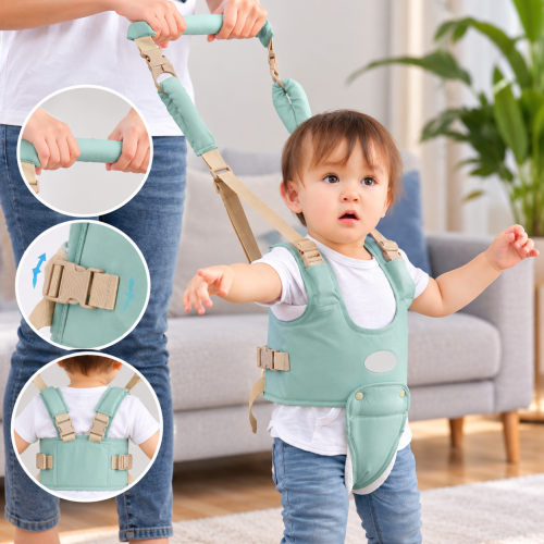 Arnés ajustable de apoyo para acompañar al bebé durante sus primeros pasos. Con asa acolchada, correas y broches ajustables. Venta por mayoreo.