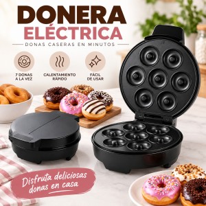 Máquina eléctrica con 7 cavidades para preparar mini donas de forma práctica en casa. Diseño compacto y fácil de usar. Venta por mayoreo.