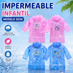 Impermeable infantil con capucha y diseños estampados. Ideal para días de lluvia. Venta por mayoreo