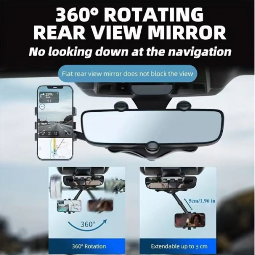 Soporte de Celular para Espejo Retrovisor de Auto, Rotación 360° Ajustable y Extensible, Compatible con Smartphones y GPS, Accesorio de Coche Seguro y Práctico para Navegación y Manos Libres, Mayoreo ZJ563 