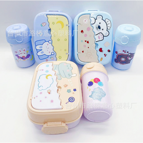 Set de lonchera infantil con termo y cubiertos incluidos, diseño kawaii de osito y conejito, colores surtidos en azul, amarillo y pastel, hermético y reutilizable, ideal para escuela, guardería, Mayoreo YD080 