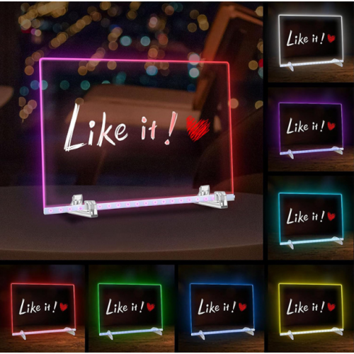 Pizarra acrílica luminosa LED multicolor con base y plumones, tablero decorativo para mensajes, notas y dibujos, ideal para habitaciones, oficinas, cafeterías o regalos creativos con iluminación ajustable, Mayoreo JS01A