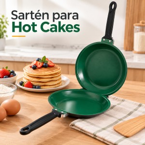 Sartén doble para preparar hot cakes de manera práctica y sencilla. Ideal para cocina y uso diario. Venta por mayoreo.