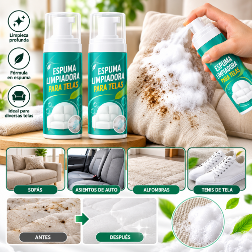 Espuma limpiadora para telas, sofás, tapicería, alfombras y asientos de automóvil. Práctica para la limpieza cotidiana de superficies textiles. Venta por mayoreo.