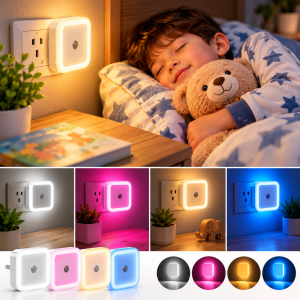 Luz nocturna LED con sensor y diseño compacto para conectar al tomacorriente. Ideal para recámaras, pasillos y diferentes espacios. Venta por mayoreo.
