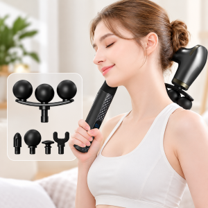 Masajeador eléctrico percutor con mango ergonómico y cabezales intercambiables para masaje localizado en cuello, hombros, espalda y otras zonas. Venta por mayoreo.