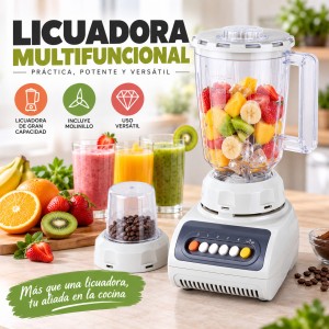 Licuadora con vaso principal y molino adicional, práctica para preparar bebidas y diferentes mezclas en la cocina. Disponible por mayoreo.