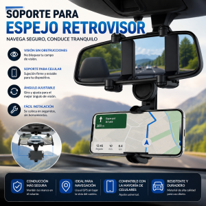 Soporte para celular de espejo retrovisor, ideal para navegación GPS en auto. Diseño ajustable, práctico y fácil de instalar. Disponible por mayoreo.