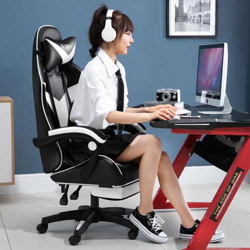 Silla gamer con masaje multifuncional (con función de masaje +reposapiés) en color blanco 6019W