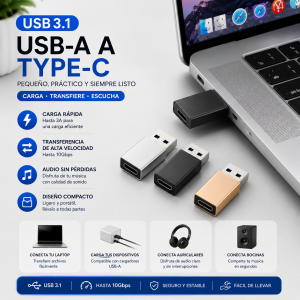 Adaptador USB 3.0 a Type-C compacto, resistente y fácil de transportar. Ideal para laptops, computadoras, tablets y celulares compatibles. 