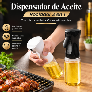 Dispensador de aceite en spray de 220 ml, práctico para cocina, parrilla y preparación de alimentos. Diseño manual para rociado uniforme. Disponible por mayoreo.