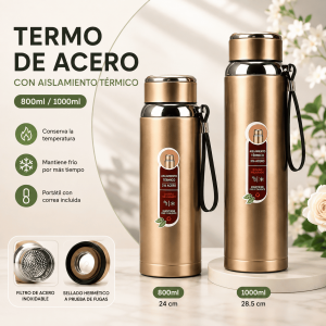 Termo de acero inoxidable con aislamiento térmico, correa portátil, filtro interno y sellado hermético. Disponible en 800ml y 1000ml. Venta por mayoreo.