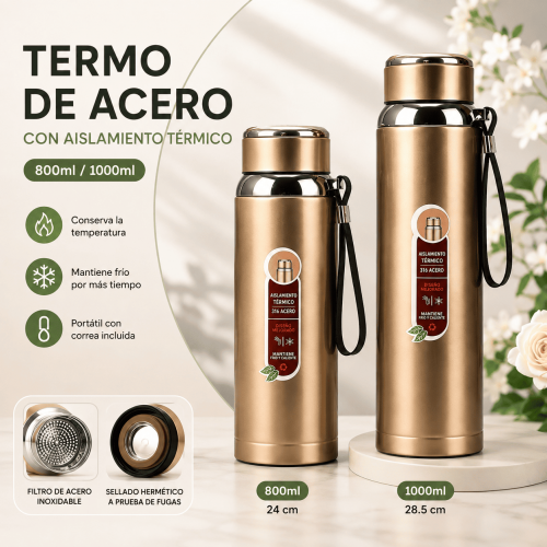 Termo de acero inoxidable con aislamiento térmico, correa portátil, filtro interno y sellado hermético. Disponible en 800ml y 1000ml. Venta por mayoreo.