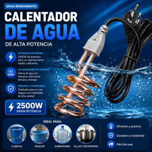 Calentador de agua de inmersión 2500W con resistencia tipo espiral, ideal para calentar agua en cubetas, tinas, garrafones y recipientes compatibles.