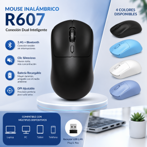 Mouse inalámbrico recargable con conexión 2.4G y Bluetooth, clic silencioso, carga Type-C, diseño ergonómico y DPI ajustable. Ideal para oficina, estudio y uso diario.