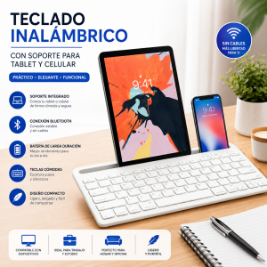 Teclado inalámbrico con soporte para tablet y celular, diseño moderno, práctico y compacto. Ideal para oficina, estudio y uso diario. Disponible por mayoreo.