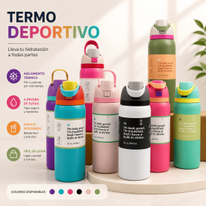 Termo deportivo de 32 oz con popote integrado, tapa a prueba de fugas, asa portátil y diseño colorido. Ideal para uso diario. Venta por mayoreo.