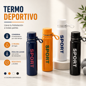 Termo deportivo con tapa segura, correa de transporte y diseño práctico. Disponible en colores azul, naranja, blanco y negro. Venta por mayoreo.