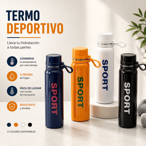 Termo deportivo con tapa segura, correa de transporte y diseño práctico. Disponible en colores azul, naranja, blanco y negro. Venta por mayoreo.