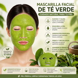 Mascarilla facial de té verde, ideal para refrescar, hidratar y complementar rutinas de cuidado facial. Práctica y disponible por mayoreo.