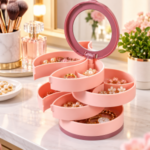 Alhajero giratorio 4 niveles con espejo. Organizador circular 360° para joyería, aretes y anillos. Compacto y portátil. Venta por mayoreo