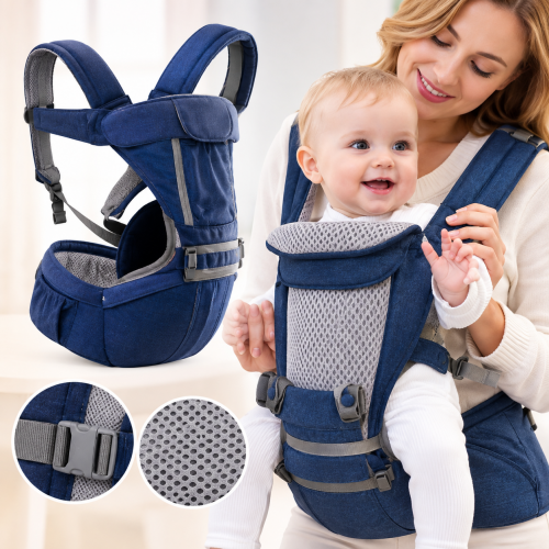 Portabebé ajustable con tirantes acolchados, broches de seguridad y malla transpirable. Práctico para paseos y uso cotidiano. Venta por mayoreo.