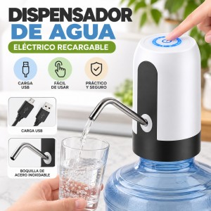 Dispensador eléctrico recargable por USB para garrafón, con funcionamiento práctico mediante botón y boquilla metálica. Venta por mayoreo.