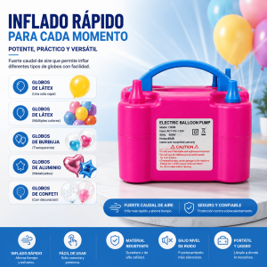 Inflador eléctrico para globos con doble boquilla, portátil y fácil de usar. Ideal para fiestas, eventos y decoración por mayoreo.