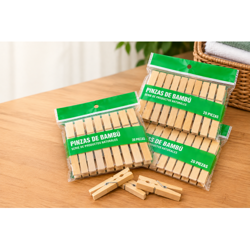 Set de 20 pinzas de bambú con resorte metálico, ideales para sujetar ropa y prendas durante el secado. Prácticas para el hogar. Venta por mayoreo.