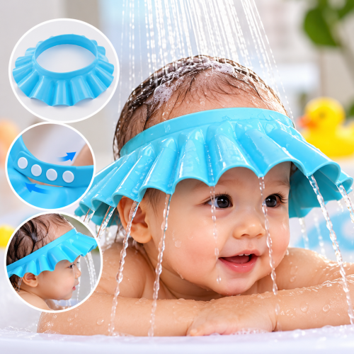 Visera ajustable para baño de bebé que ayuda a desviar el agua y shampoo del rostro durante el lavado del cabello. Venta por mayoreo.