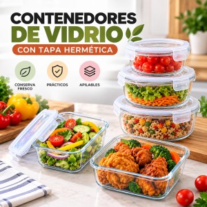 Contenedores de vidrio con tapa hermética para almacenar y organizar alimentos de manera práctica. Ideales para cocina y refrigerador. Venta por mayoreo.