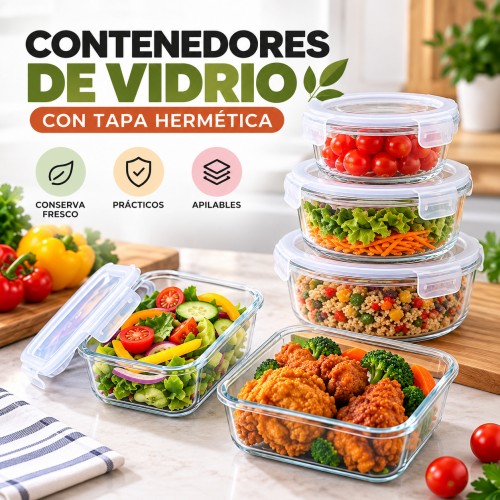 Contenedores de vidrio con tapa hermética para almacenar y organizar alimentos de manera práctica. Ideales para cocina y refrigerador. Venta por mayoreo.