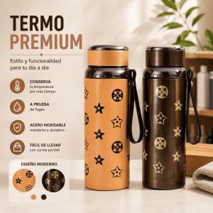 Termo premium con diseño decorativo, correa portátil, tapa segura y acabado elegante. Ideal para uso diario. Venta por mayoreo.