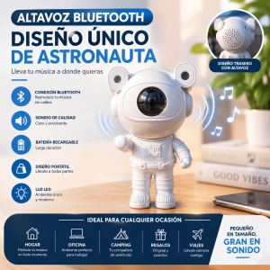 Altavoz Bluetooth portátil con diseño de astronauta, batería recargable, sonido claro y luz LED. Ideal para casa, oficina, camping y viajes. Venta por mayoreo.