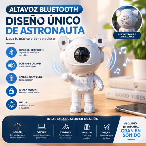 Altavoz Bluetooth portátil con diseño de astronauta, batería recargable, sonido claro y luz LED. Ideal para casa, oficina, camping y viajes. Venta por mayoreo. Altavoz Bluetooth portátil con diseño de astronauta, batería recargable, sonido claro y luz LED. Ideal para casa, oficina, camping y viajes. Venta por mayoreo.