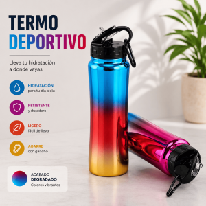 Termo deportivo degradado con colores vibrantes, tapa segura y gancho portátil. Ideal para uso diario, ejercicio y actividades al aire libre. Venta por mayoreo.