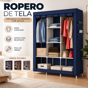 Ropero de tela portátil con compartimentos amplios y barras para colgar ropa. Ideal para organizar habitaciones y espacios pequeños. Disponible por mayoreo.