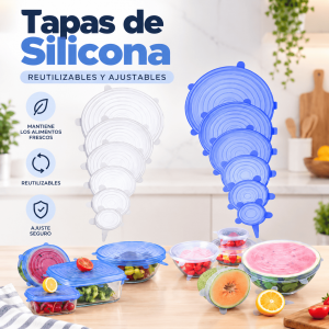 Tapas de silicona reutilizables, flexibles y ajustables para cubrir recipientes, platos, vasos y alimentos. Disponibles por mayoreo.