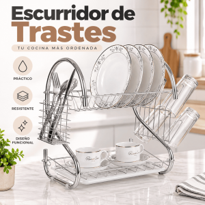 Escurridor de trastes de 2 niveles con espacio para platos, vasos, tazas y cubiertos. Diseño práctico para cocina. Disponible por mayoreo.