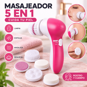 Masajeador facial eléctrico 5 en 1 con cabezales intercambiables para limpieza, exfoliación y masaje. Ideal para el cuidado diario de la piel. Venta por mayoreo.