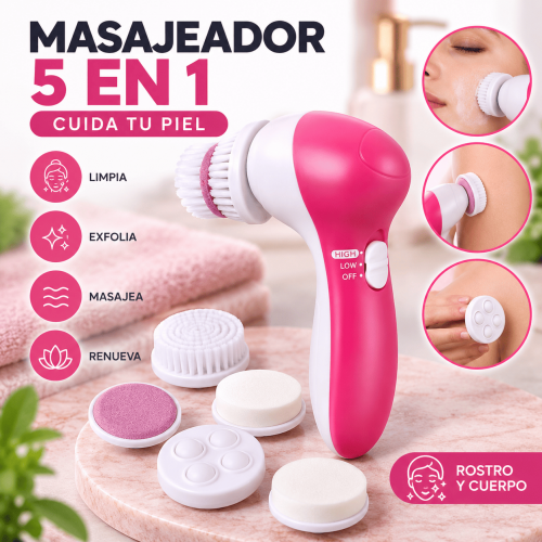 Masajeador facial eléctrico 5 en 1 con cabezales intercambiables para limpieza, exfoliación y masaje. Ideal para el cuidado diario de la piel. Venta por mayoreo.