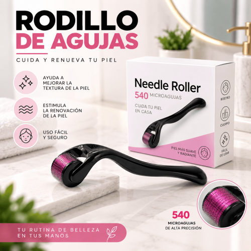 Rodillo de agujas cosmético con mango ergonómico y microagujas para rutinas de cuidado facial y corporal. Disponible por mayoreo. Rodillo de agujas cosmético con mango ergonómico y microagujas para rutinas de cuidado facial y corporal. Disponible por mayoreo.