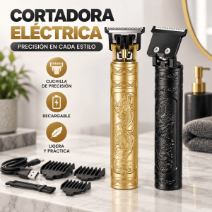 Cortadora eléctrica recargable con cuchilla de precisión, diseño metálico grabado y accesorios incluidos. Disponible por mayoreo.