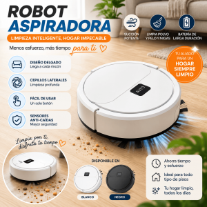 Robot aspiradora compacta para limpieza diaria, con cepillos laterales, sensores anti-caídas y uso práctico. Ideal para el hogar. Disponible por mayoreo.