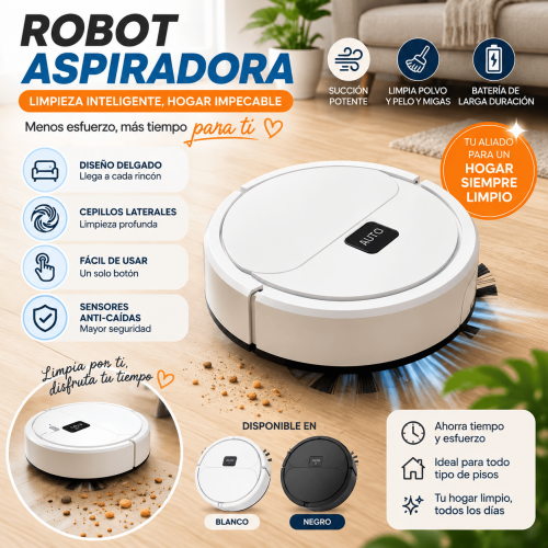 Robot aspiradora compacta para limpieza diaria, con cepillos laterales, sensores anti-caídas y uso práctico. Ideal para el hogar. Disponible por mayoreo. Robot aspiradora compacta para limpieza diaria, con cepillos laterales, sensores anti-caídas y uso práctico. Ideal para el hogar. Disponible por mayoreo.